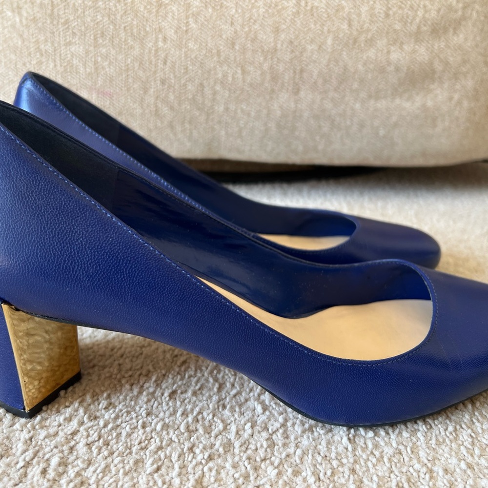 Nine West Franny Leather Pumps Women's Size 10 Royal Blue Gold Metallic Heel NW